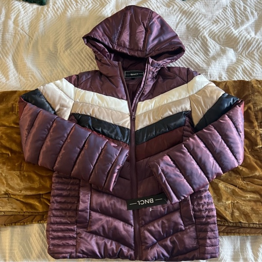BNCI Women's Hooded Puffer Jacket in Plum with Chevron Stripes